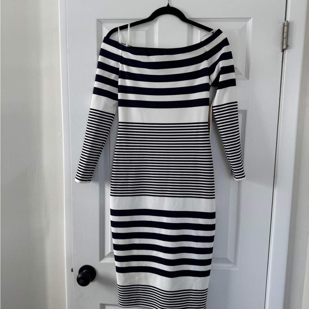 Eliza J Navy and Cream Striped Long Sleeve Dress NWT